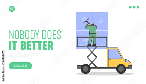 Cleaning Service Concept. Website Landing Page. Worker In Uniform is Cleaning Facade Windows Of Building Using High Working Truck Platform. Web Page Cartoon Linear Outline Flat Vector Illustration
