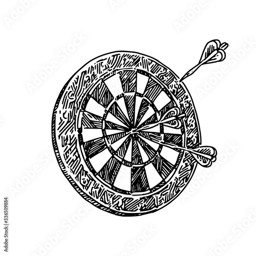 Dartboard and darts. Sketch. Engraving style. Vector illustration.