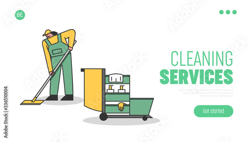 Cleaning Service And Staff Concept. Website Landing Page. Woman In Uniform Is Washing Floor By Mop. Janitorial Cleaning Cart With Tools. Web Page Cartoon Linear Outline Flat Style Vector Illustration