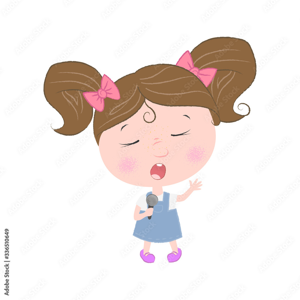 Cartoon girl singing with mic. Performing or entertainment concept. illustration can be used for topics like music, karaoke, vocal, party Cartoon girl singing with mic. Performing or entertainment concept. illustration can be used for topics like music, karaoke, vocal, party