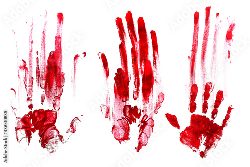 Bloody handprints, white background. Red. photo