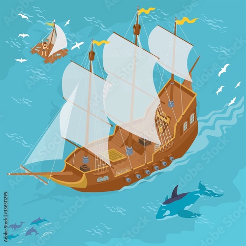 Sail ship, castaway and killer whale in isometric illustration cartoon style vector on sea adventure fantasy map and game builder