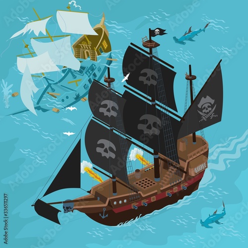 Pirat ship battle isometric illustration cartoon style vectors on sea adventure fantasy map and game builder with sinking ship