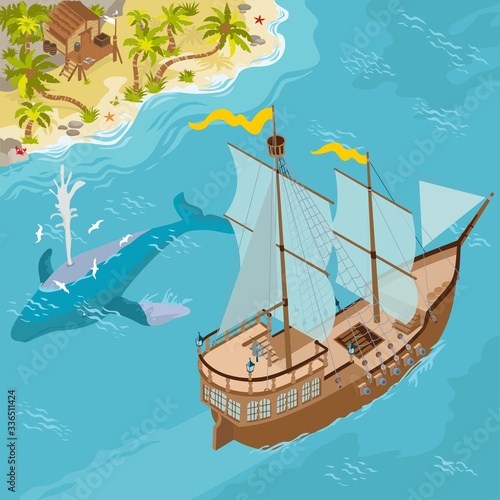 Sail ship isometric illustration cartoon style vectors on sea adventure fantasy map and game builder