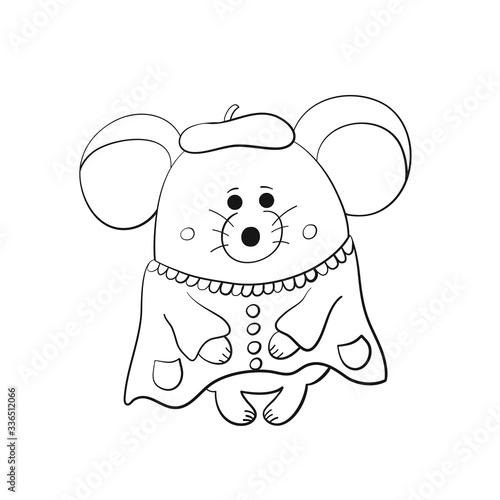 Cute a little mouse in a dress and a beret, children's vector hand drawn illustration