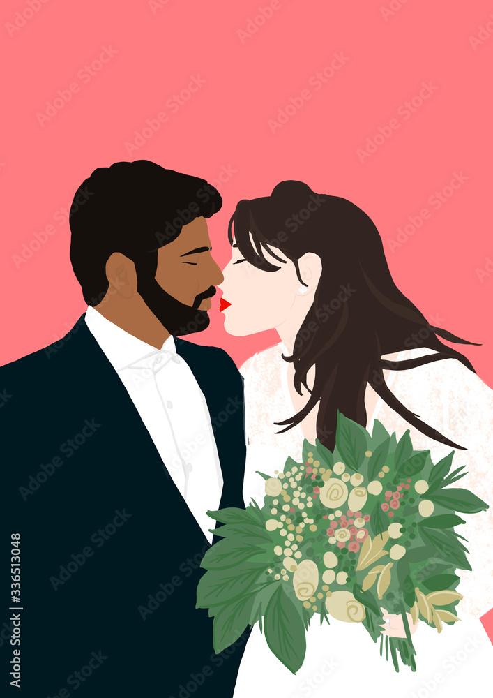 Illustration of happy caucasian bride and Indian groom at their wedding day Illustration of happy caucasian bride and Indian groom at their wedding day