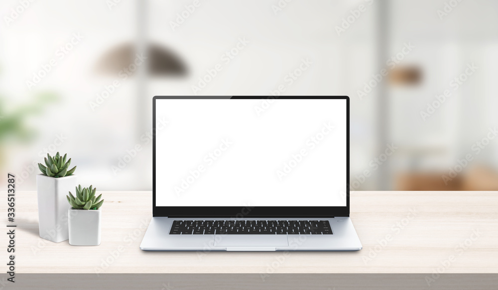 Laptop mockup on work desk. Office desk, business composition. Isolated screen for app or web site design presentation. Scene creator with isolated layers Laptop mockup on work desk. Office desk, business composition. Isolated screen for app or web site design presentation. Scene creator with isolated layers