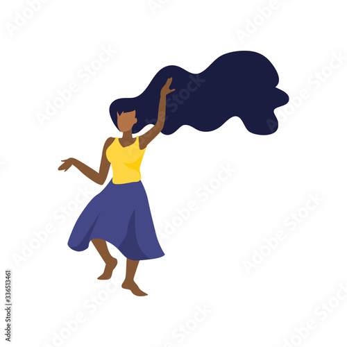 Vector illustration of dancing black happy woman in long skirt with dark hairs. Wild femininity, woman power. Love your body concept. Celebrate life