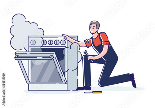 Concept Of Electric Appliances Service. Professional Worker Repairman In Uniform Is Fixing Gas Stove Oven. Man Repair Broken Appliances At Home. Cartoon Linear Outline Flat Style. Vector Illustration