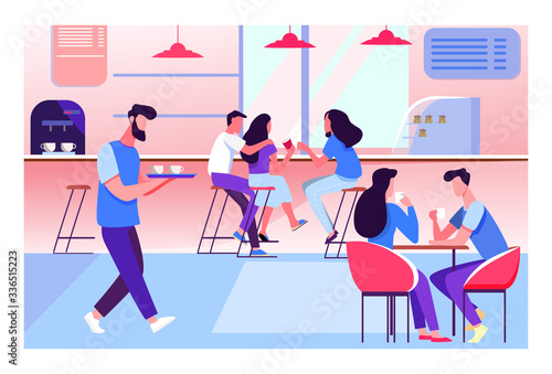 Coffee shop interior vector illustration. Young men and women drinking coffee at tables or counter. Modern cafe image for canteen or catering concept