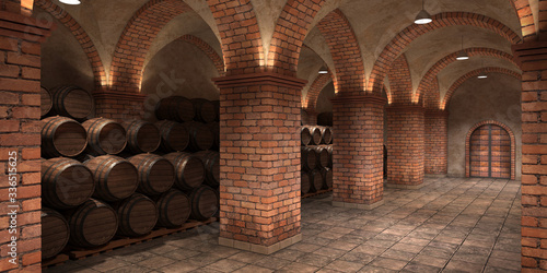 Background of wine barrels in wine-vaults. Interior of wine vault with wooden barrels. 3D rendering - 3D Illustration. Mixed media.