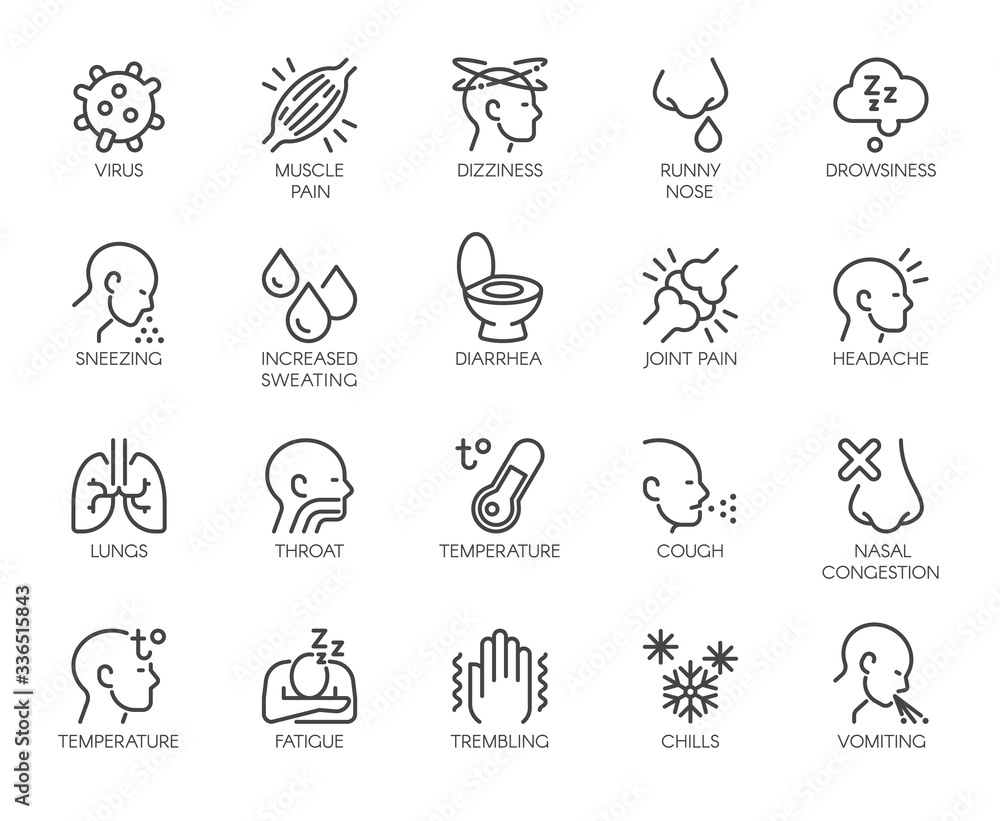 Icons Symptoms Respiratory Sickness Pneumonia, Flu, Fever