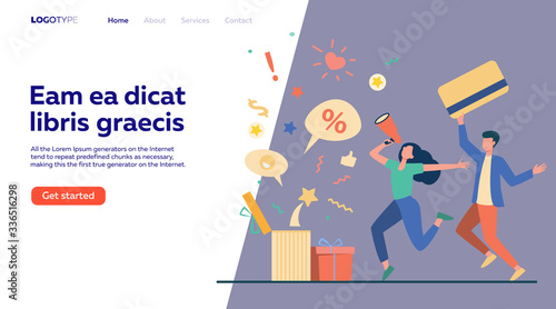 Customers celebrating sale. People holding gift, credit card, loudspeaker, dancing, having fun. Vector illustration for loyalty program, promotion, customer reward concept