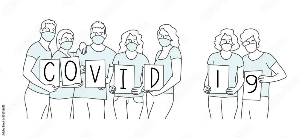 People Holding Boards with Covid-19. Hand drawn vector illustration.