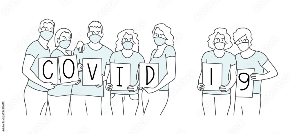 People Holding Boards with Covid-19. Hand drawn vector illustration. People Holding Boards with Covid-19. Hand drawn vector illustration.