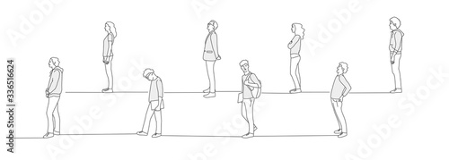 People in queue waiting for something. Keep a distance. Turn. Line drawing vector illustration.