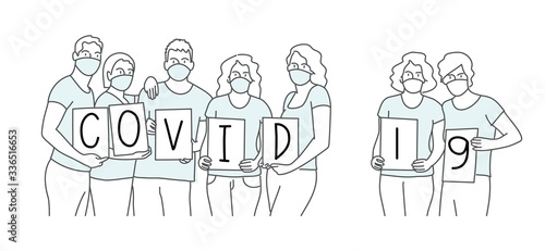 People Holding Boards with Covid-19. Hand drawn vector illustration. © Anna