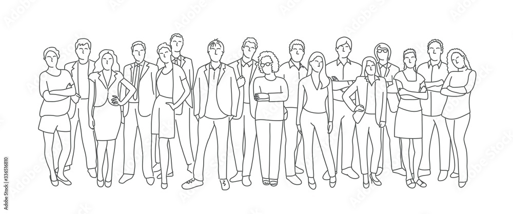 Group of business people. Teamwork. Line drawing vector illustration.