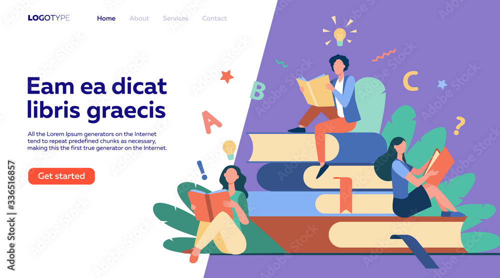 Students studying textbooks. Woman sitting on stack of books and reading. Vector illustration for library, bookworm, bookstore concept Students studying textbooks. Woman sitting on stack of books and reading. Vector illustration for library, bookworm, bookstore concept