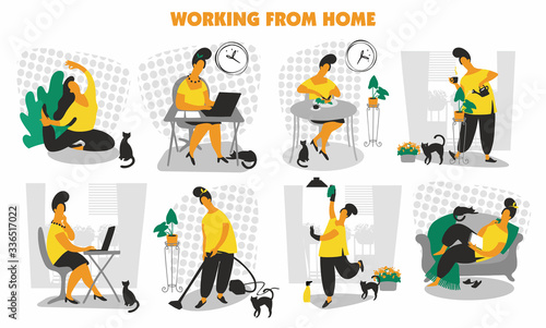 Work from home. Remote working. Freelance. Home office. Plan your day. Woman self employed concept remote working. vector illustration. Woman at work at home. Social isolation.