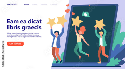 Customer review evaluation flat vector illustration. Clients holding stars over their heads and getting comments and feedback. Quality assessment and rating concept