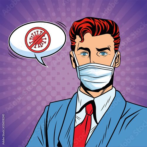 businessman using face mask and stop covid19 message pop art style