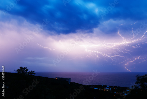 Powerful lightning discharge over the Black sea coast in Crimea