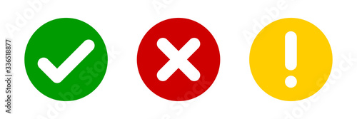 Check mark cross exclamation circle sign. Vector isolated elements. Check mark icon sign vector. Green red yellow vector circle symbols. Red check mark icon. Vote symbol tick.