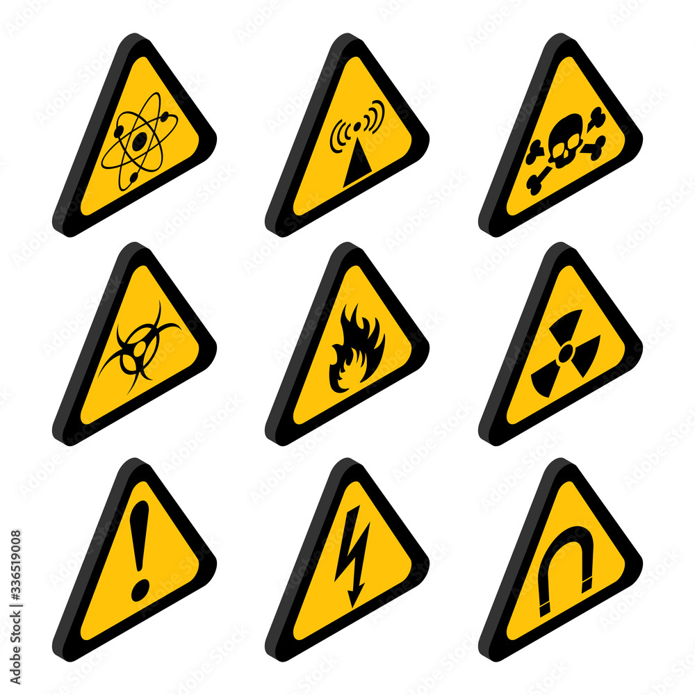 Isometric danger and toxic sign in yellow triangle set. hazard warning icons vector illustration EPS Isometric danger and toxic sign in yellow triangle set. hazard warning icons vector illustration EPS
