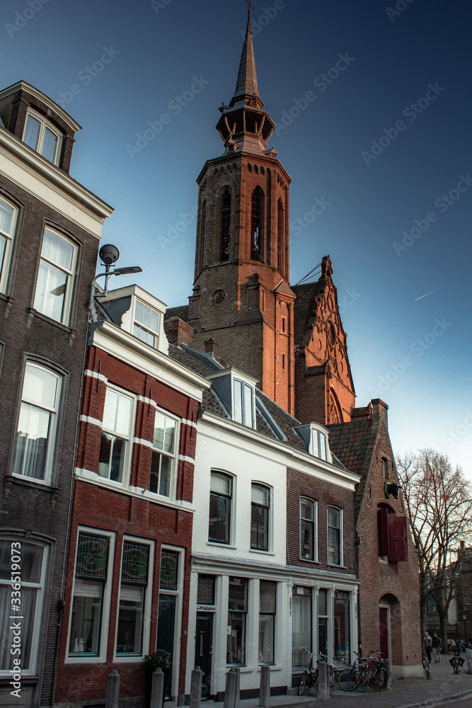 The Netherlands in winter with clear skies, buildings and streets