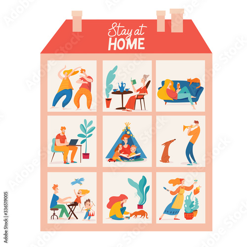 Stay at home vector quarantine illustration with family spend time together