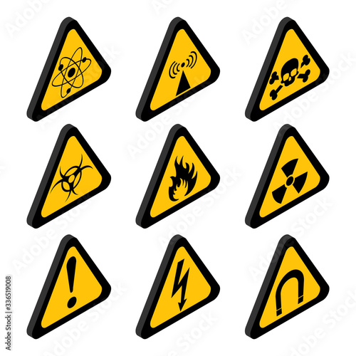 Isometric danger and toxic sign in yellow triangle set. hazard warning icons vector illustration EPS