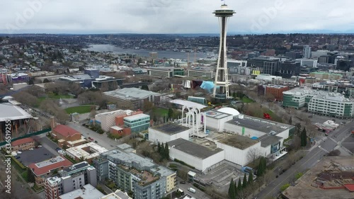 Aerial / drone footage of Seattle Center, Pacific Science Center, Space Needle Amazon and Google offices in Seattle, Washington during the COVID-19 pandemic crisis photo