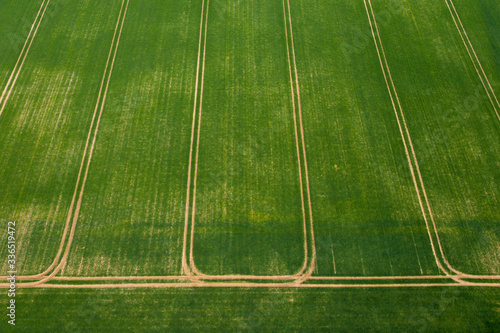 Parcelle de terre cultivée avec les chemins de traitement en vue aérienne