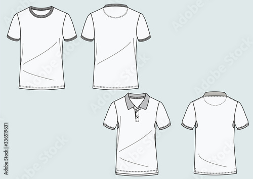 T-shirt e polo uom manica corta disegno piatto sketch fashion illustration fronte e retro mock up vettoriale
