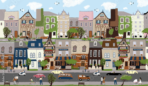 City landscape! Vector cute illustration of houses, trees, people and family on town street. People walking, ride bicycle. European architecture and traffic. Drawings for poster, card and cover