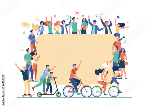 Different multicultural people in crowd flat vector illustration. Cartoon characters in social community communicating together. Population and society concept