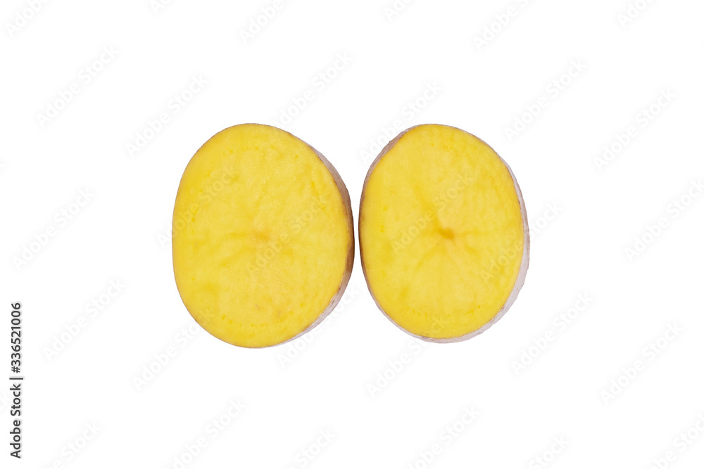 Two slices of potato isolated on white background with clipping path. Fresh raw vegetables, top view Two slices of potato isolated on white background with clipping path. Fresh raw vegetables, top view