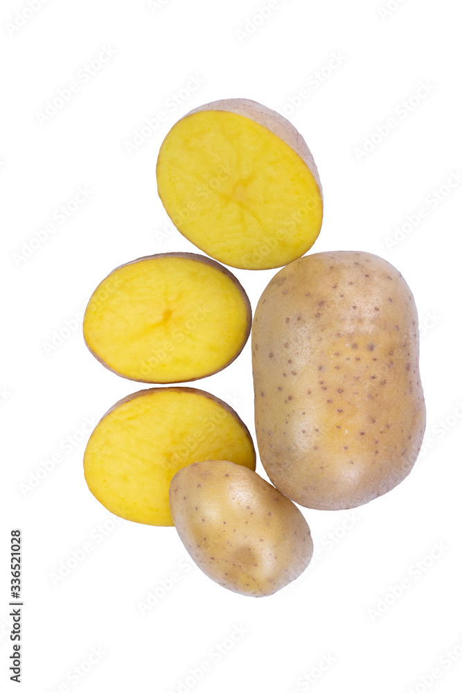 Whole potatoes and cut slices on white background with clipping path. Fresh raw vegetables, macro photography Whole potatoes and cut slices on white background with clipping path. Fresh raw vegetables, macro photography