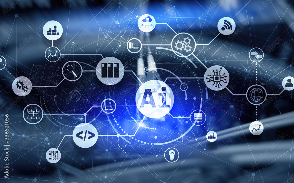 Blue Artificial Intelligence. AI. Infographic illustration on fantastic computer center. Blue Artificial Intelligence. AI. Infographic illustration on fantastic computer center.