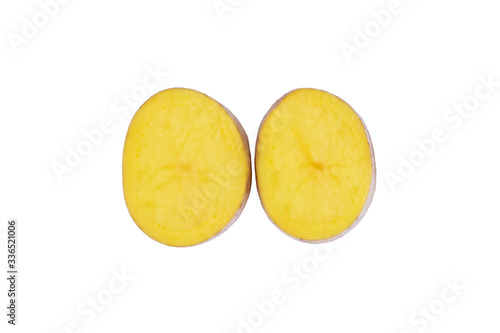 Two slices of potato isolated on white background with clipping path. Fresh raw vegetables, top view