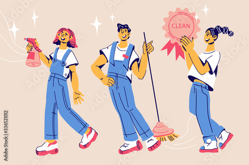 Cleaning service staff characters with equipment at work. Man and woman professional cleaners or janitors in uniform. Householding and hygiene, housework. Flat cartoon vector illustration.