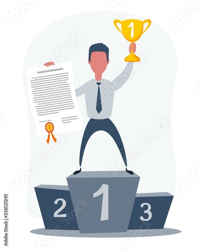 Vector illustration of businessman proudly standing on the winning podium holding up winning trophy and showing an award certificate. Flat style