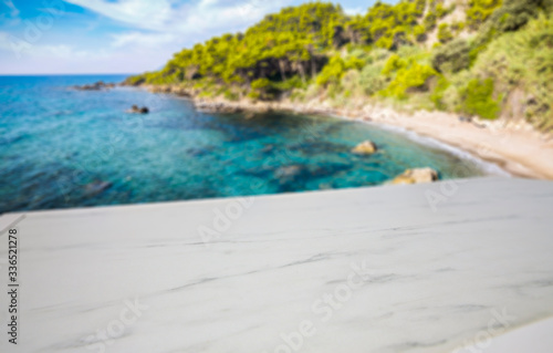Fototapeta Naklejka Na Ścianę i Meble -  Wooden table of free space for your decoration.Aerial landscape of island and blue sky.Copy space for your composition and top view of sea and beach. 