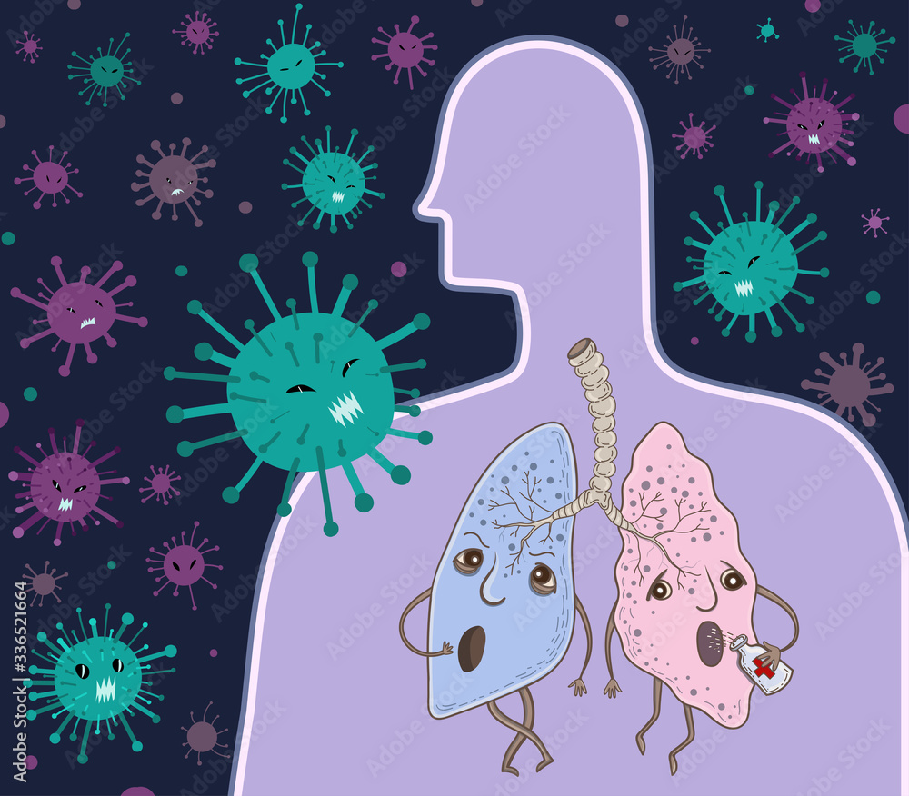 Obraz premium Human lungs. SARS, flu disease, coronaviruses in the lung. Illustration of frightened lungs and aggressive viruses. Cartoon style. Vector illustration.