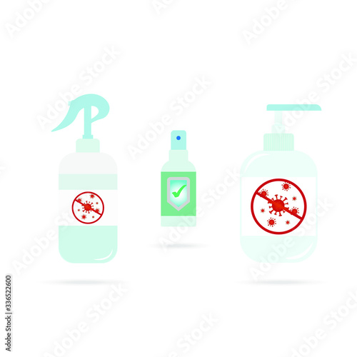 Hand sanitizer, vector sanitizer or alcohol bottle for hygiene. Alcohol rub sanitizers kill most bacteria and stop some viruses.