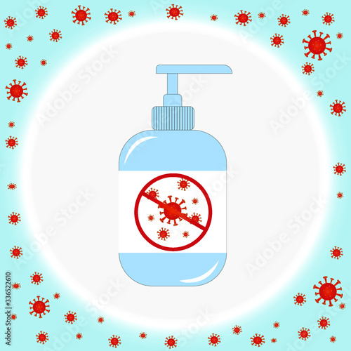Hand sanitizer, vector sanitizer or alcohol bottle for hygiene. Alcohol rub sanitizers kill most bacteria and stop some viruses.