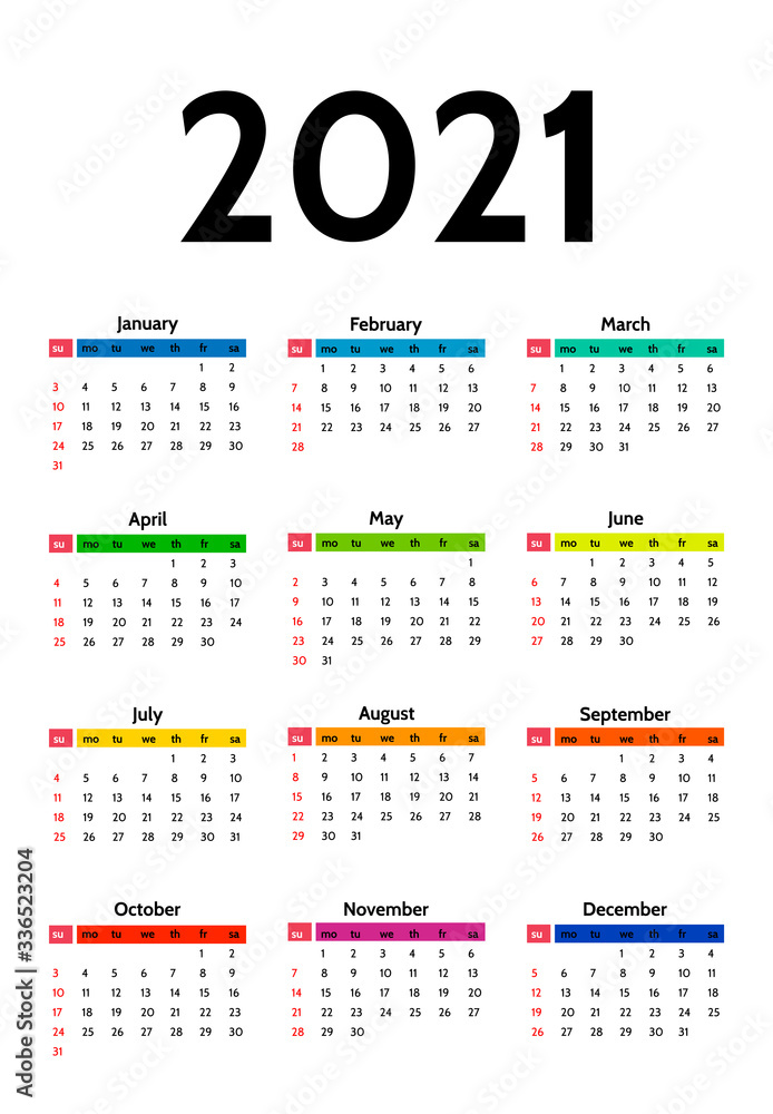 Calendar for 2021 isolated on a white background Calendar for 2021 isolated on a white background