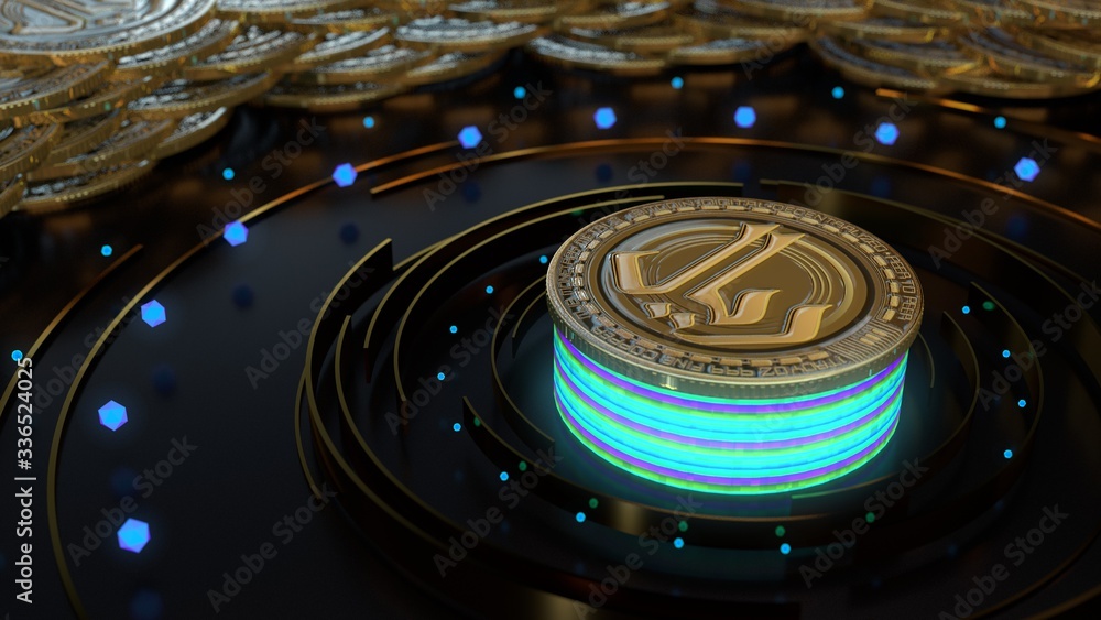 Fototapeta premium Saudi arabia currency symbol on golden coin. Arabic blockchain concept
