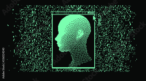 Cyberpunk futuristic collage with glitch art artifacts and wireframe of a human head. Retrofuturistic 8-bit style aesthetics.